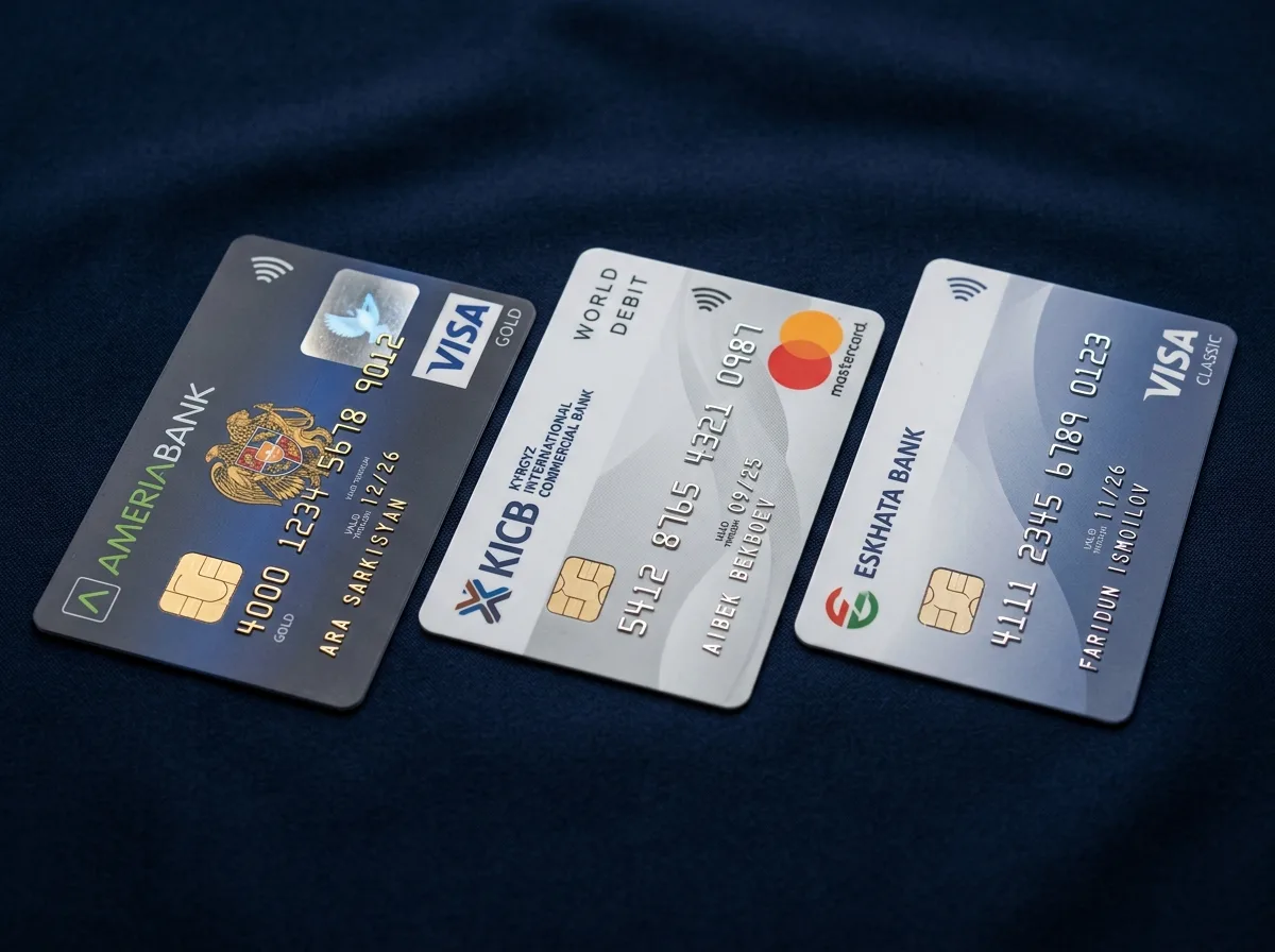 Пластиковая международная карта Visa и Mastercard банков СНГ — Киргизия, Армения, Таджикистан — на тёмно-синем фоне, крупный план, студийный свет, профессиональная фотография